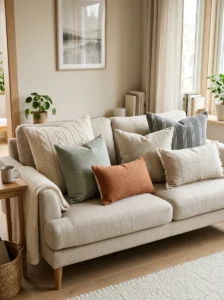 Different throw pillow sizes and lumbar pillows on a sofa.