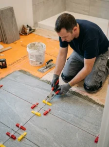 Professional bathroom tile installation with leveling system