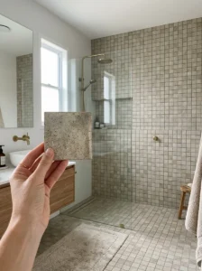 Bathroom tile sample compared with a full tile installation