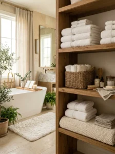 Luxury bathroom with premium towels and plush bath mat