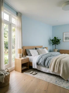 Freestanding wardrobe providing closet-style hanging storage in a bedroom without a closet.