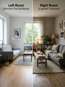 Comparison of a flat room and a textured living room.