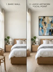 Comparison showing a bare bedroom wall versus a styled wall behind the bed.
