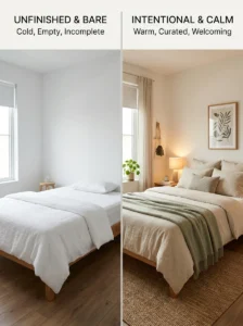 Comparison between an empty bedroom and a thoughtfully curated minimalist bedroom.