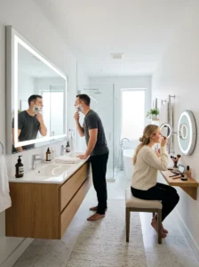 Shared bathroom with two mirrors reducing morning congestion.