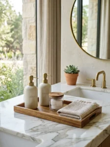 Wooden tray organizing bathroom vanity essentials
