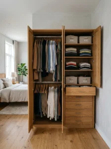 Organizing clothing into categories before planning bedroom storage