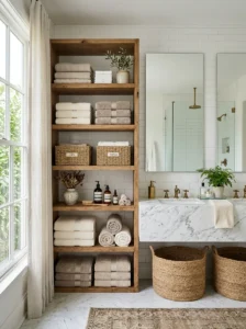Warm neutral towels styling an all-white bathroom
