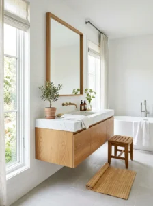 White bathroom warmed with natural wood furniture and accessories