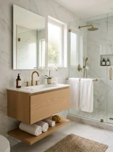 Luxury all-white bathroom with warm wood vanity and brass fixtures