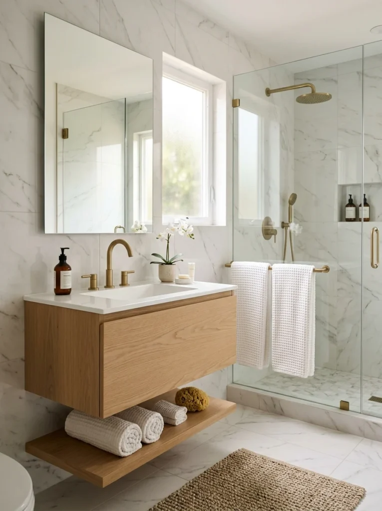 Luxury all-white bathroom with warm wood vanity and brass fixtures