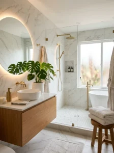 Warm spa-style all-white bathroom with natural wood and brass accents