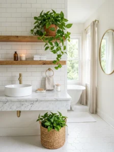 White bathroom decorated with a green plant and woven basket planter