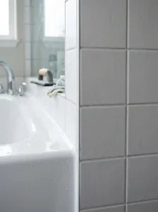 Fresh caulk and clean grout making bathroom tiles look new.
