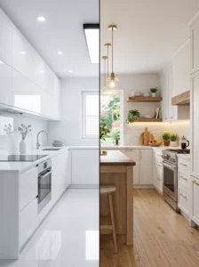 Sterile white kitchen compared with a warm modern white kitchen