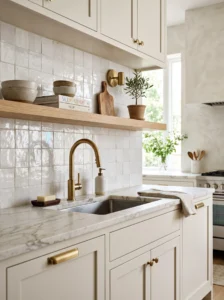 Textured white kitchen with zellige tile and shaker cabinets