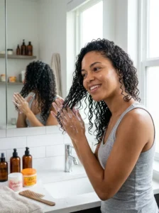 Alt Text: Applying styling products to soaking wet curly hair.