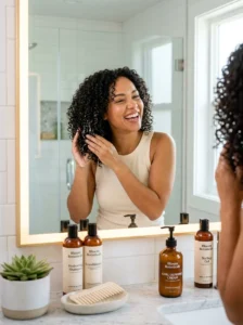 Alt Text: Woman caring for naturally curly hair with a curl care routine.