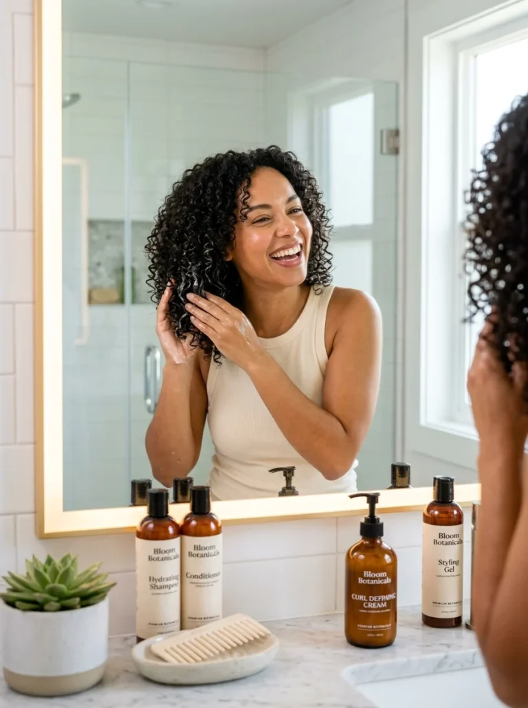 Alt Text: Woman caring for naturally curly hair with a curl care routine.