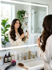Applying anti-frizz serum before going outside.