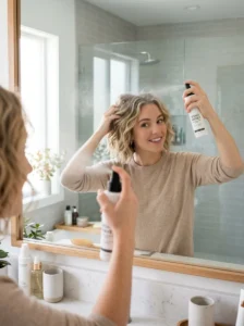Applying texturizing spray for fast hairstyles without using heat tools.