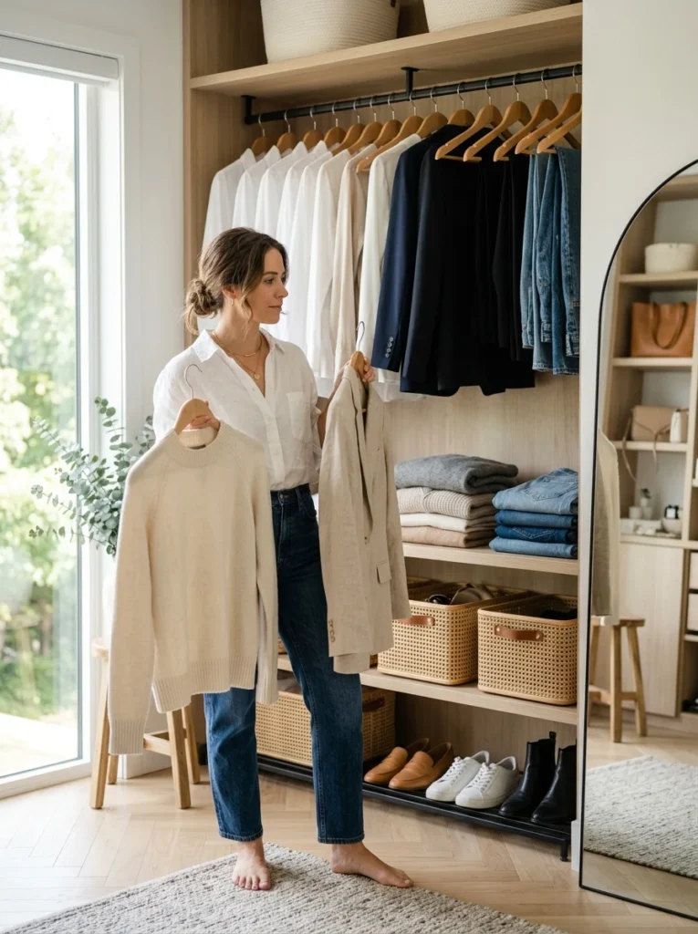 Woman choosing clothes from a minimalist capsule wardrobe.