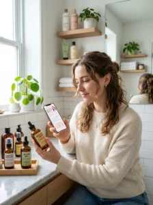 Woman choosing the best hair oil for her hair type.