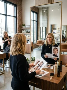 Testing whether bangs suit your face before getting them cut.
