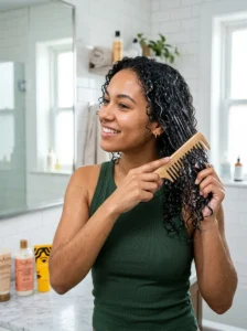 Alt Text: Detangling curly hair with a wide-tooth comb.