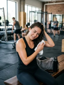 Woman caring for sweaty hair after exercising.