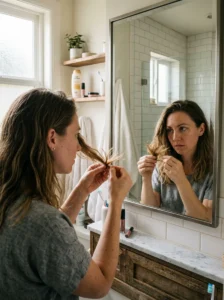 Long-term cumulative heat damage causing split ends and breakage.