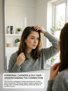 Alt Text: Hormonal changes can increase scalp oil production.