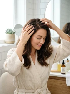 Applying jojoba oil to the scalp for healthy hair care.