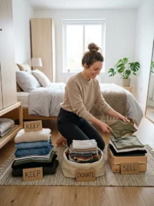 Closet audit with organized clothing piles.
