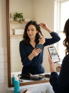 Woman checking quick hairstyle tips before leaving home in the morning.