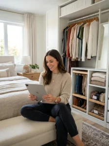 Woman learning wardrobe organization tips.