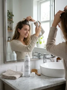 Alt Text: Using dry shampoo to reduce greasy hair between washes.