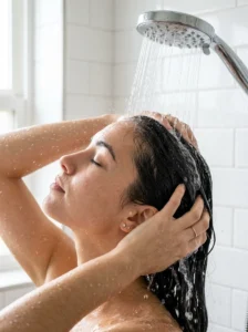 Alt Text: Thoroughly rinsing conditioner from the scalp and hairline.