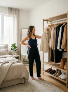 Minimal capsule wardrobe reducing outfit decisions.