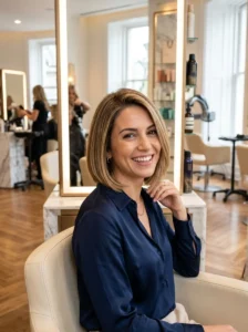 Alt Text: Modern bob haircut styled for the right face shape.