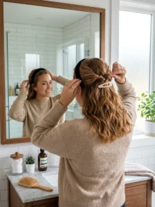 Alt Text: Half-up hairstyle for growing out an awkward haircut.