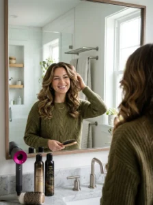 Alt Text: Successfully recreating a salon hairstyle at home.