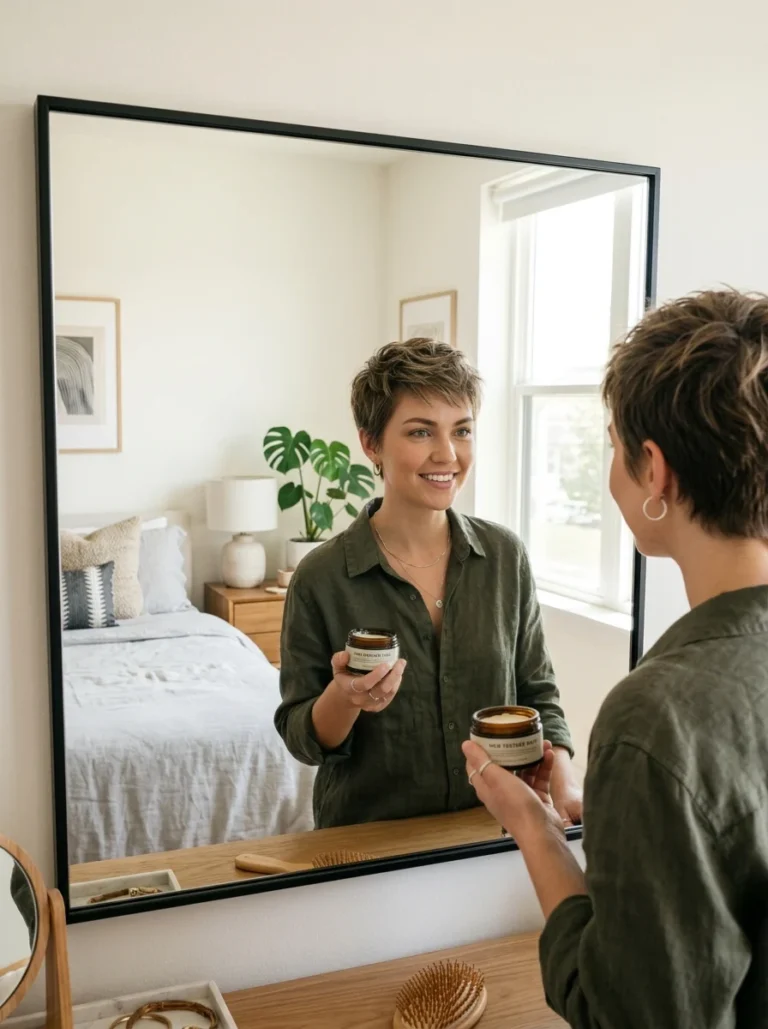 Alt Text: Woman styling a modern short haircut with texture paste.