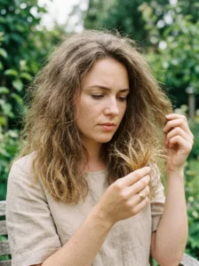 Common signs of heat-damaged hair including frizz and split ends.