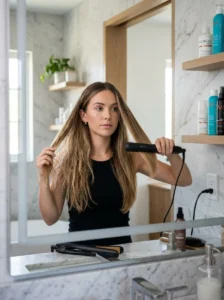 Woman styling her hair with a flat iron showing the effects of heat styling.