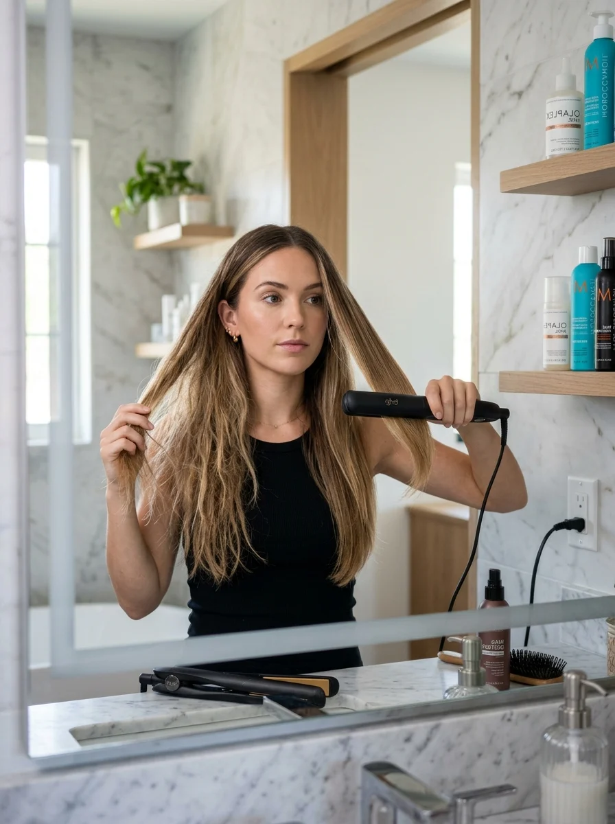 Woman styling her hair with a flat iron showing the effects of heat styling.