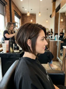 Alt Text: Angled bob haircut with longer front sections.