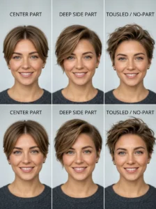 Alt Text: Different parting styles for short hair.