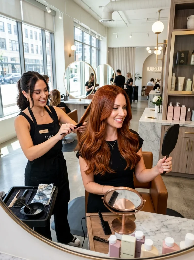 Woman with freshly colored hair in a salon after professional color treatment.