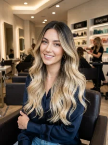Alt Text: Dramatic ombre hair color with dark roots and light ends.